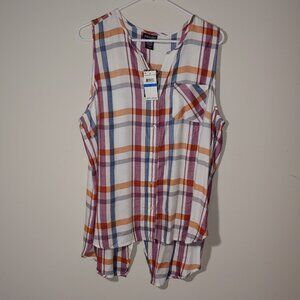 STOOSH Button Down Split Back Hi Low Sleeveless Plaid Summer Top Size XL White